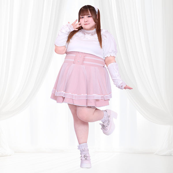 ぽっちゃりさんの初夏の半袖コーデにおすすめな甘さ100%の最強おねだりコーデ♡ドットチュール×パステルピンクセットアップ風
